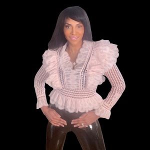 Gracia Pink French Lace Ruffle Sleeve Blouse Small